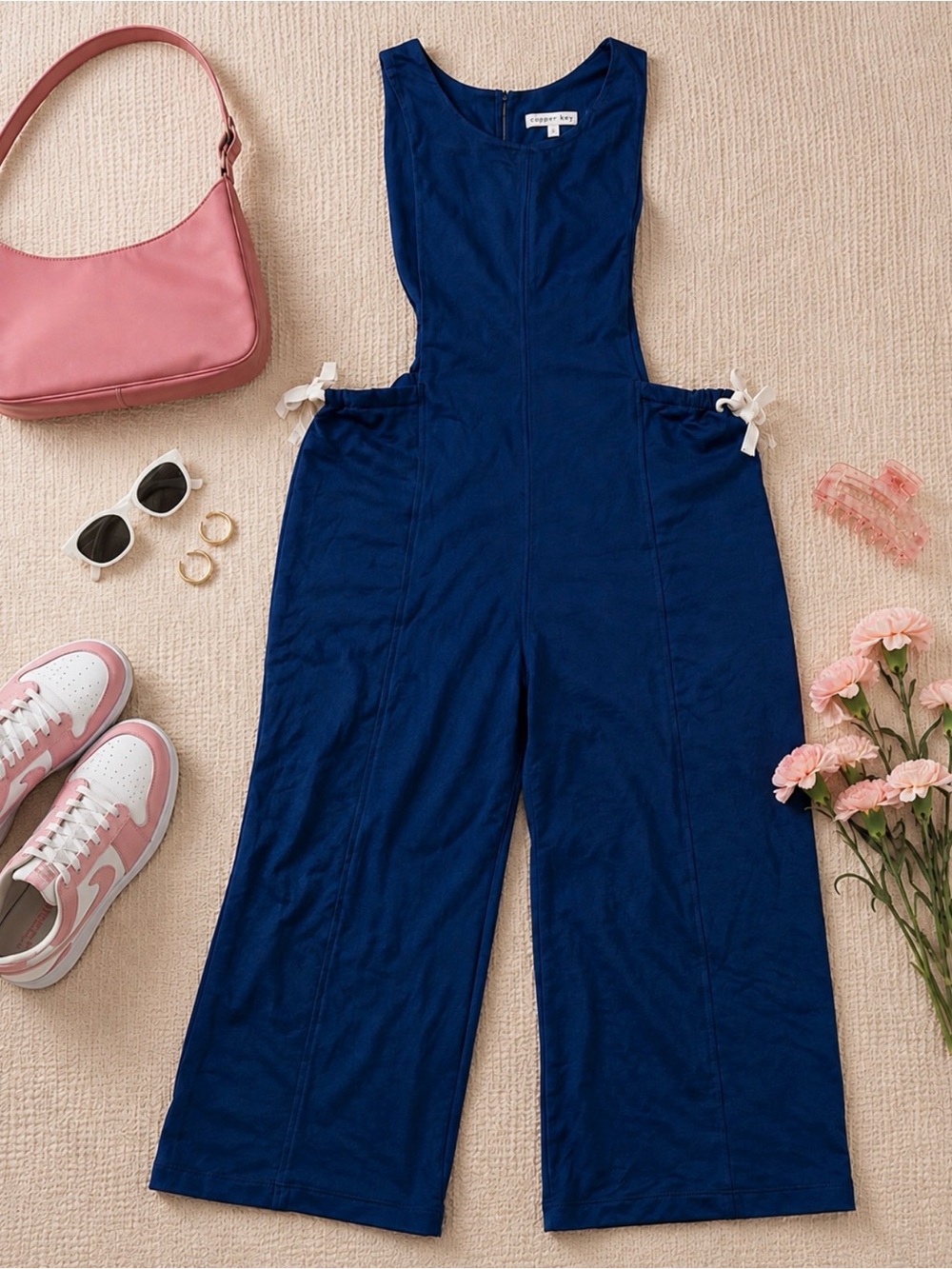 Navy Wide-Leg Jumpsuit With Bow Details